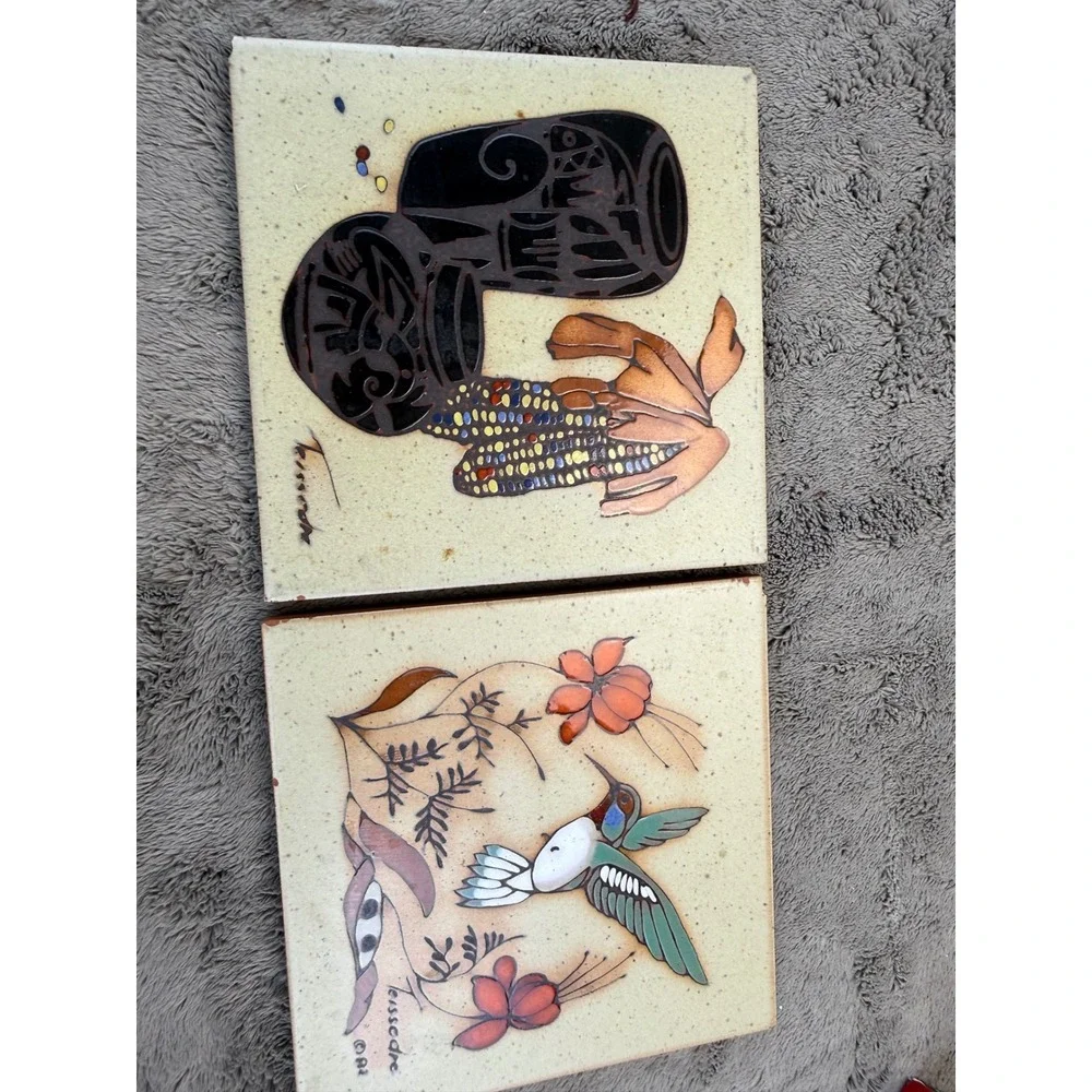 Cleo Teissedre Hand Painted Ceramic Tiles Set 2 Hummingbird Pottery Southwestern